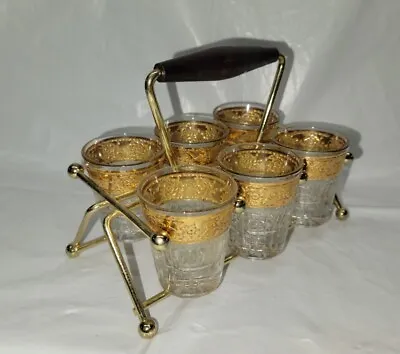 6 Vintage Gold Culver Shot Glasses And Brass Rack 22K Gold 1960s #5421  • $185