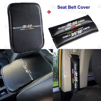 MUGEN POWER Carbon Fiber Car Center Armrest Cushion Pad + Seat Belt Cover Set • $15.99