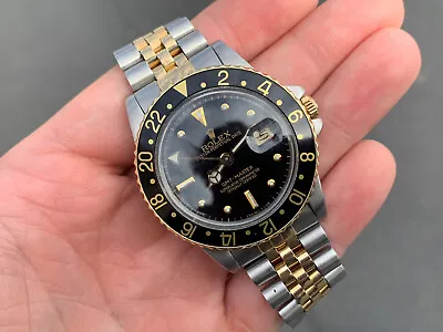 1984 Vintage Rolex 16753 GMT Master 18K Gold + Steel Two Tone Nipple Dial Watch • $10500