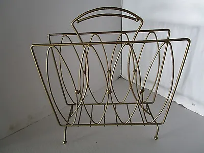 MCM Atomic Wire Metal Magazine Stand Rack Holder 17 ½” Tall Gold Tone 1960's Vtg • $48