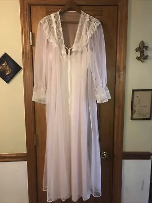 Vintage Pink Sheer Lace Long Nightgown Nightie Nylon Sheer Robe Medium Made USA • $75