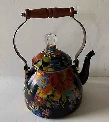 MCKENZIE-CHILDS Flower Market TEAPOT & LID Black 2 Quart Enameled • $114.98