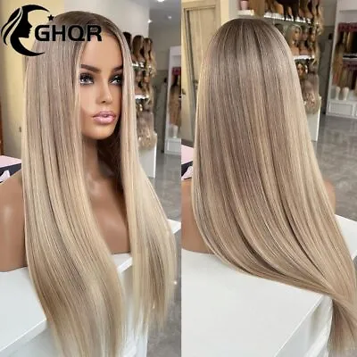 Highlight Ash Blonde Lace Front Human Hair Wigs HD Transparent Brown Roots Remy • £161.24