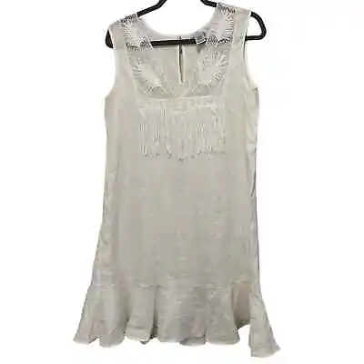 Miguelina Linen Dress White Party Lace Embroidered Fringe Sleeveless Pineapple S • $22