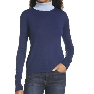 Staud Contrast Turtleneck Sweater In Blue Urchin XS Merino Wool • $75