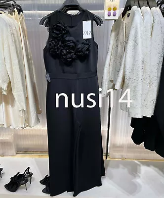 Zara New Woman Textured Floral Crepe Jumpsuit Wide-leg Black Xs-xl 1971/058 • $88.88