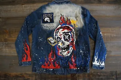 Smoke Rise DNM Co Denim Jacket Skulls Flames Splatter Embellished Patch Mens 2XL • $55