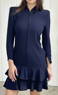 Vintage Valentino Boutique Sculptural 10 Navy Dress MIDI Ruffle Wool Long Sleeve • $194.85