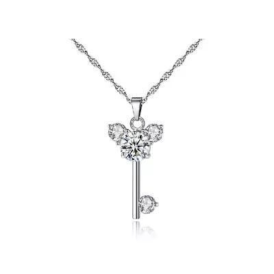 Pave CZ Silver SP Disney Mickey Mouse Key Pendant Necklace • $8.99