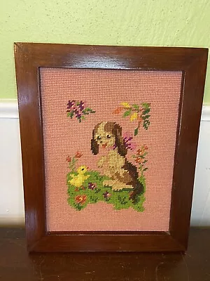 Vintage Needlepoint Picture Wooden Frame Puppy Dog Duck Spring Flowers • $27