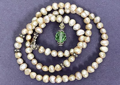 Vintage 925 Natural Pearl Beaded Necklace ~16” Sterling Silver Green Gem Pendant • $50