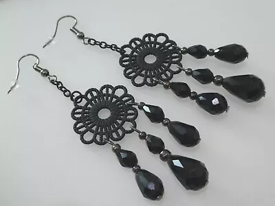 Vintage Style All Black Teardrop Glass Chandelier Long Drop Earrings Gift • £9.49