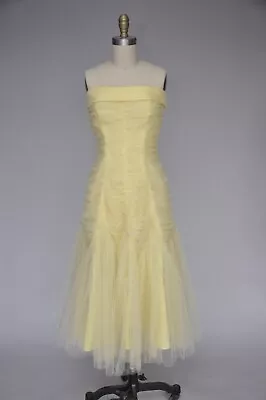 VTG 50s 1950s Yellow Chiffon Sleeveless Party Prom Dress Ruching Pleating S • $24.99