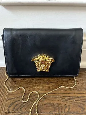 Versace Medusa Black Leather Chain Flap Gold Black Leather Bag • $375