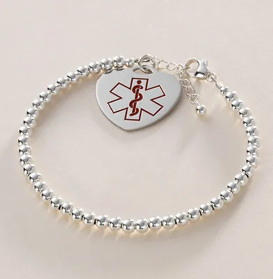 Sterling Silver Beads Medical Alert Bracelet SOS Medical Jewellery Women Girl • £34.99