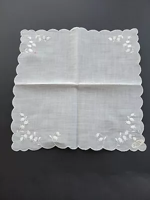 Vintage Ladies Hankie Embroidered White Floral Cotton • $3.50