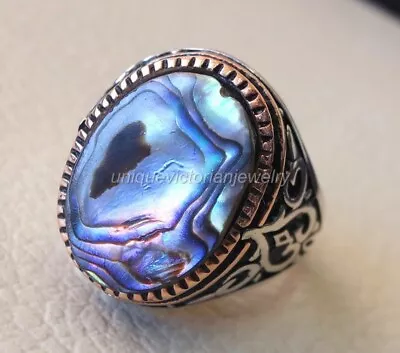 Solid 925 Sterling Silver Blue Abalone Shell Oval Gemstone Christmas Men's Ring • $45.54