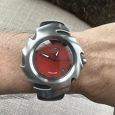 Oakley Watch Swiss Made Red Dial Date Brushed Steel Rubber Band Near Mint • $609.99