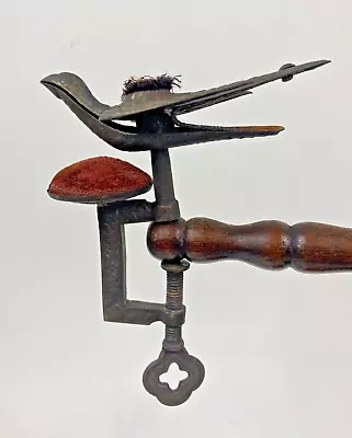 Antique Victorian Brass Sewing Bird Clamp Vice With Pin Cushion • $101.99