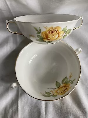 Melba Bone China 2 Handled Cups  Dishes Yellow Roses Gilded Wedding Baby Shower • £5.95