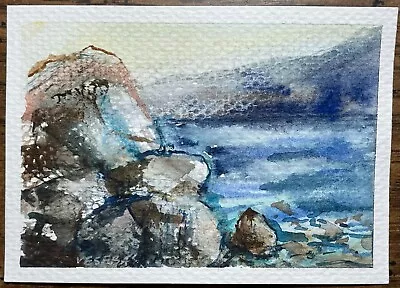 ACEO Original Watercolor Seascape Sea Ocean Waves Mountain - (2.5x3.5 In) - NEW • $5.99