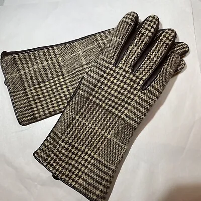 NWOT  Women’s SZ; M Merona Gloves Brown Leather & Wool Blend Houndstooth • $15.50