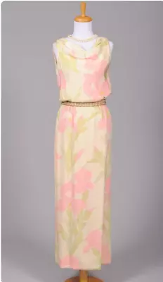 Vintage 1970s Bill Blass Pastel Floral Silk Crepe Gown Pink And Green AS IS • $325