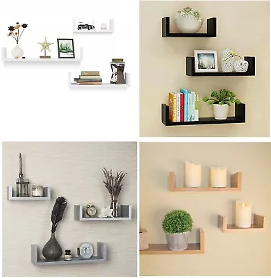 £9.89 • Buy Set Of 3 U Shape Floating Wall Shelves Storage Display Shelf White Black Grey 