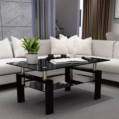 Black Glass Coffee Rectangular Table Modern W/Shelf Wood Living Room Furniture • $118.99