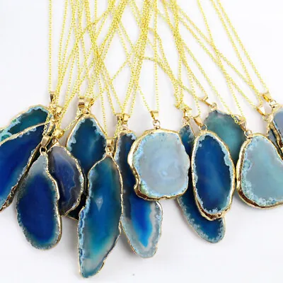 Large Natural Agate Slice Chakra Stone Necklace Pendant With Gold Style Chain • £3.53