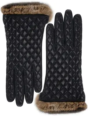 Vikideer Winter Warm Cashmere Lining Rabbit Fur Cuffs Leather Gloves For Women T • $59.04