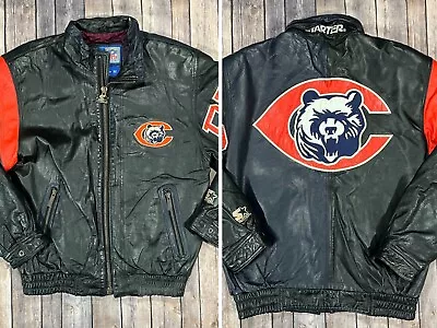 VINTAGE Chicago Bears Starter Leather Jacket Medium Mens Black Blue NFL 90s Y2K • $139.97