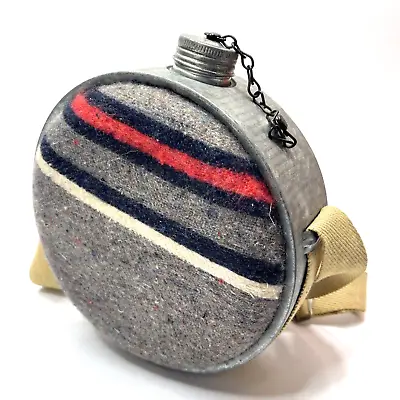 Vintage Canteen _ Round Metal Striped Wool Flannel Lid Shoulder Strap Top Chain • $28.80