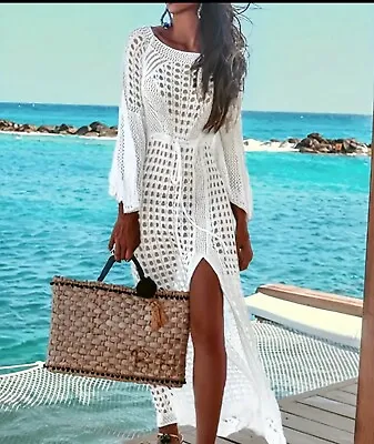 Crochet Dress Womens Knit Netted Cover Up Cream Bell Sleeve Beachy Size XL • $24