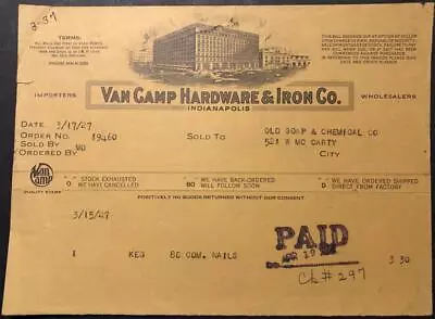 1927 Original Vintage Invoice Van Camp Hardware & Iron Co. Indianapolis Indiana • $4.49