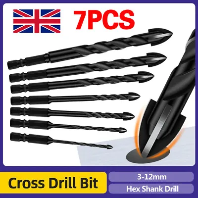 7Pcs 4-Edge Cross Drill Bit Set Masonry Drill Bit SetHex Shank Drill Bit Set UK • £5.99