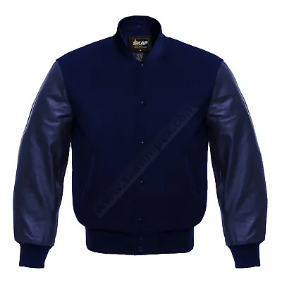 Varsity Letterman Baseball Bomber Jacket Wool & Real Leather Sleeves Solid Navy • $99.99