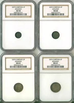 1879 Great Britain 4 Coin Maundy Set NGC 1P AU58   2P MS60   3P MS63   4P MS63 • $299.95