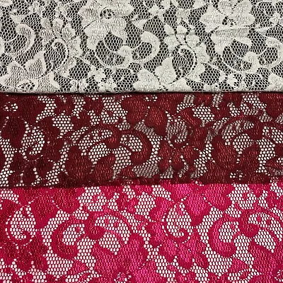 Floral Lace Fabric Burgundy Fuchsia Off White Colours 2 Way Stretch 55  Wide • £4.99