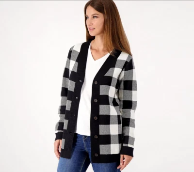 $17.42 • Buy Denim & Co. Plaid V-Neck Button Front Cardigan (Black/White, Medium) A522802