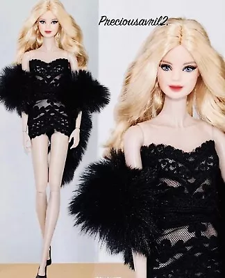 Brand New Barbie Doll Clothes 1/6 11.5  Black Lace 2 Piece With Black Fur Wrap • $13.16