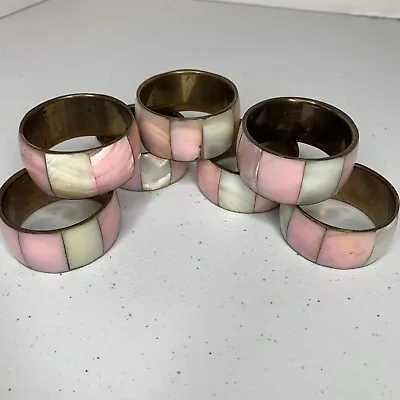7 Vintage Mother Of Pearl Abalone Pink White Inlay Brass Napkin Rings Boho • $23.50