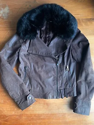 Jane Norman Vintage Y2K Brown Distressed Suede Leather & Black Faux Fur Jacket S • $21.15