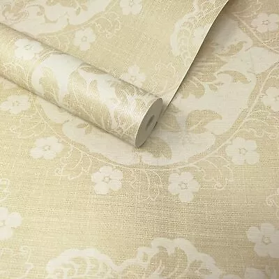 Paste The Wall - Natural Linen & Cream Floral Damask Feature Wallpaper FD21057 • £1.99