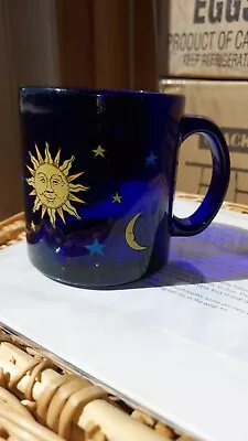 Vintage Libby Cobalt Blue Celestial Sun Moon Stars Glass Coffee Mug AS IS • $7.24