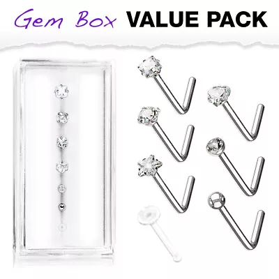 7pc Box Value Pack L-Bend CZ Gem Shapes 20g Steel Nose Rings Includes Retainer • $11.50