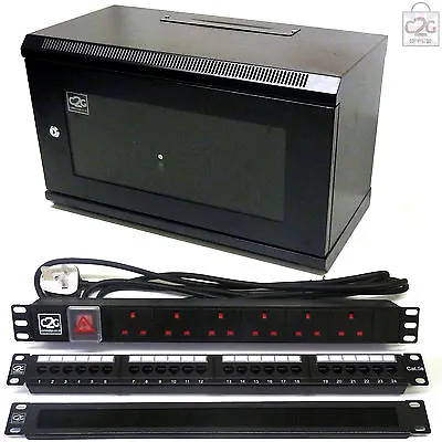 6U 300mm Black Data Cabinet + C5e Patch Panel PDU Brush Bar Network Comms Rack • £127.86