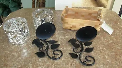 Lot 5 Total Silver Metal Candle Holders Black Sconces & Wicker Basket All NEW • £4.81