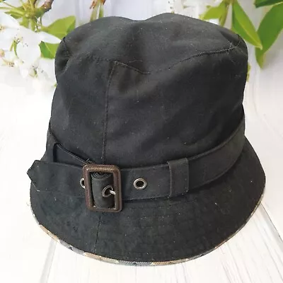 AQUASCUTUM Mens Ladies UK BUCKET HAT Black BUCKLED STRAP Check Lining LARGE • £42