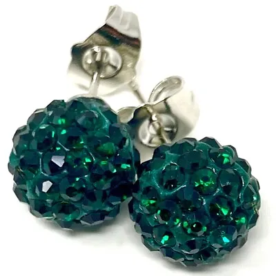 £6 • Buy Emerald Green Shamballa Crystal Ball Stud Earrings In Silver Plated Finish